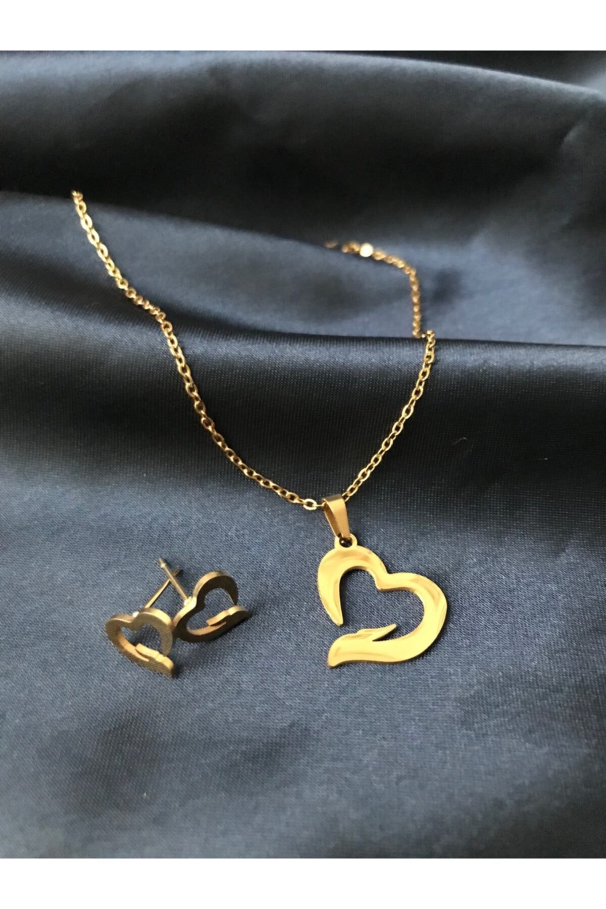 canaygun Kalp Çelik Kolye Küpe Seti