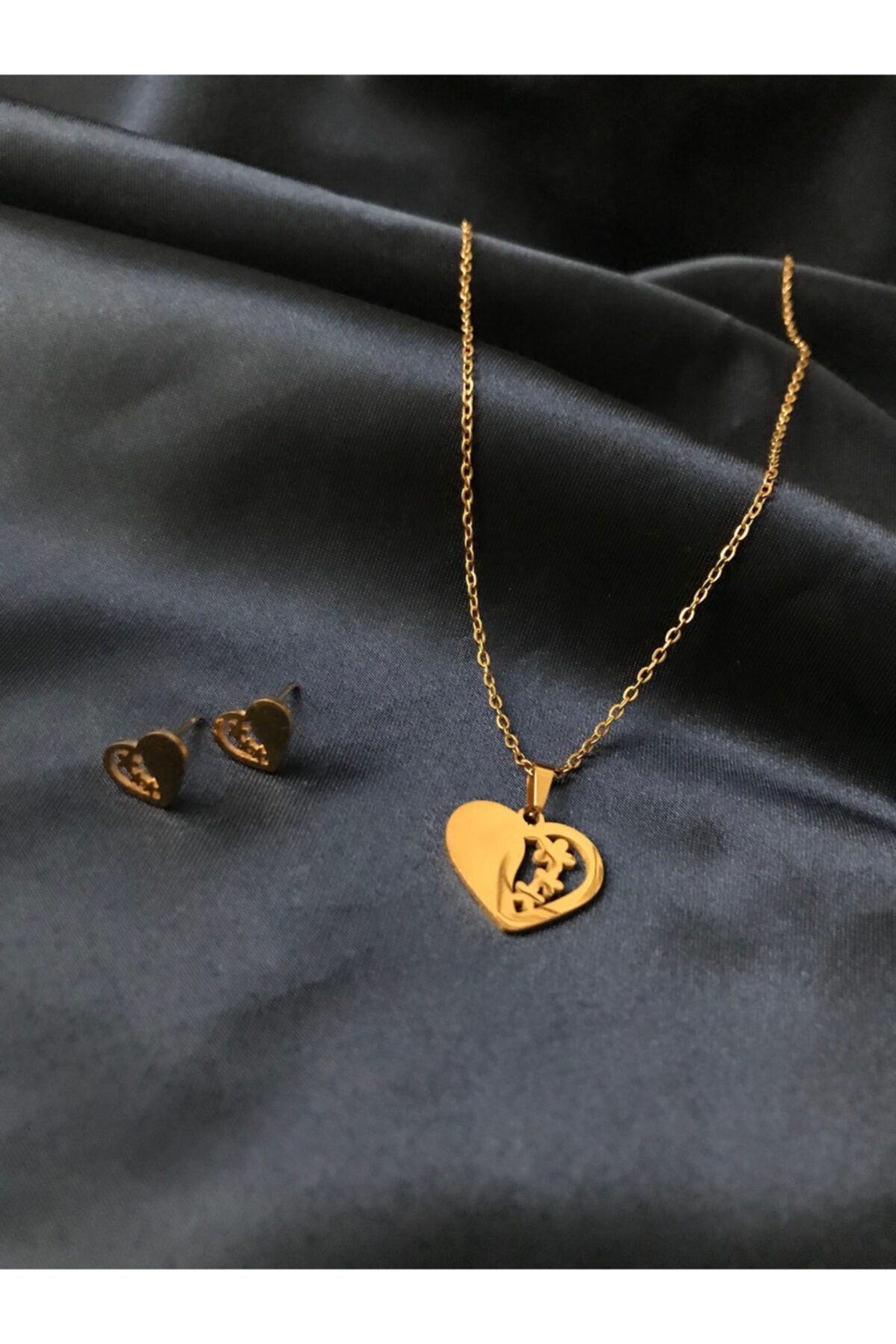 canaygun Kalp Kolye Küpe Seti Yıldız Desenli Hakiki Paslanmaz Çelik