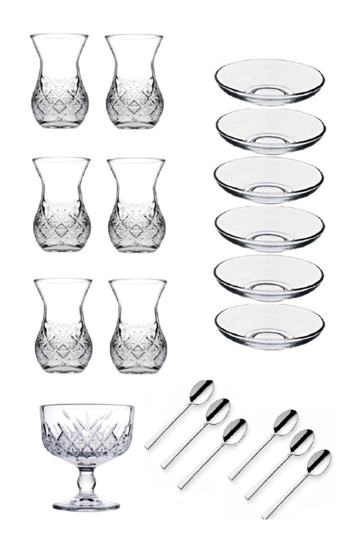 R&S Glassware 19 Parça Paşabahçe Timeless Çay Seti - Timeless Şekerlik - Çay Kaşığı - Çay Bardağı -r