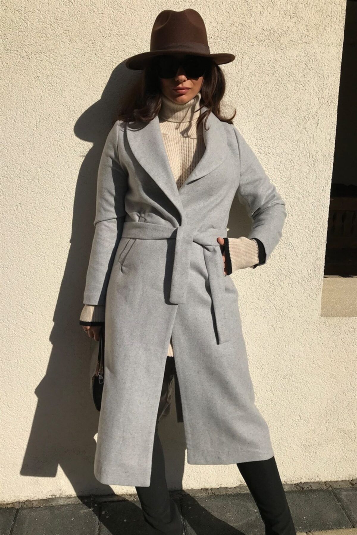4Sisters Fashion Kaşe Kemerli Cepli Uzun Gri Kaban