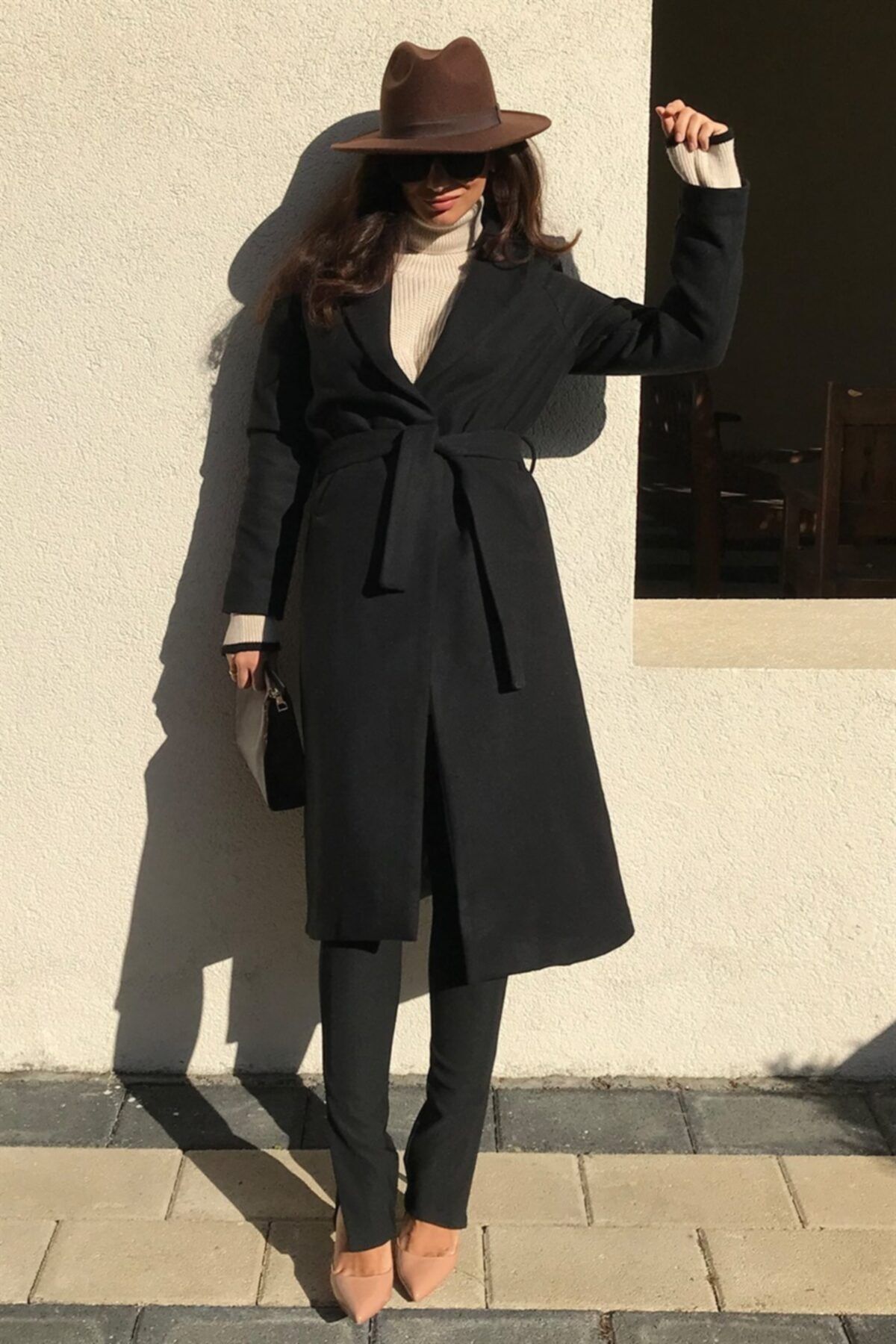 4Sisters Fashion Kaşe Kemerli Cepli Uzun Siyah Kaban