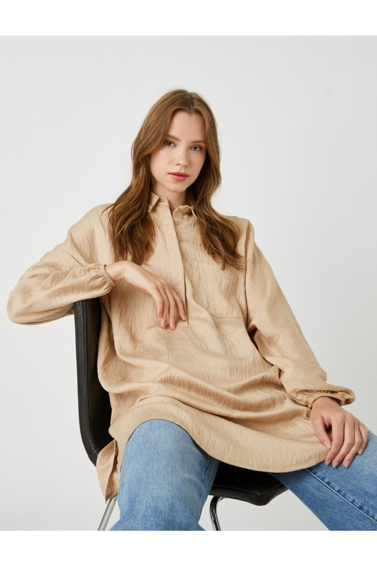 Koton Gömlek Yaka Tunik Düğmeli 3/4 Kol Oversize