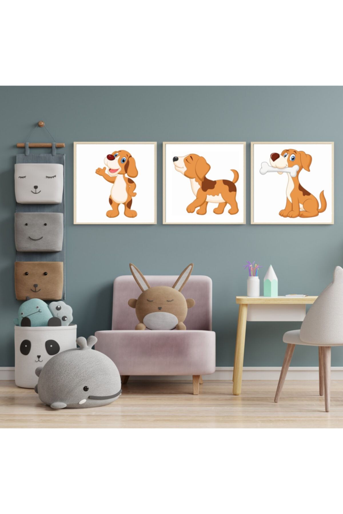 Deko Gonya Sevimli Köpek Çocuk Odası Üçlü Ahşap Çerçeve Tablo