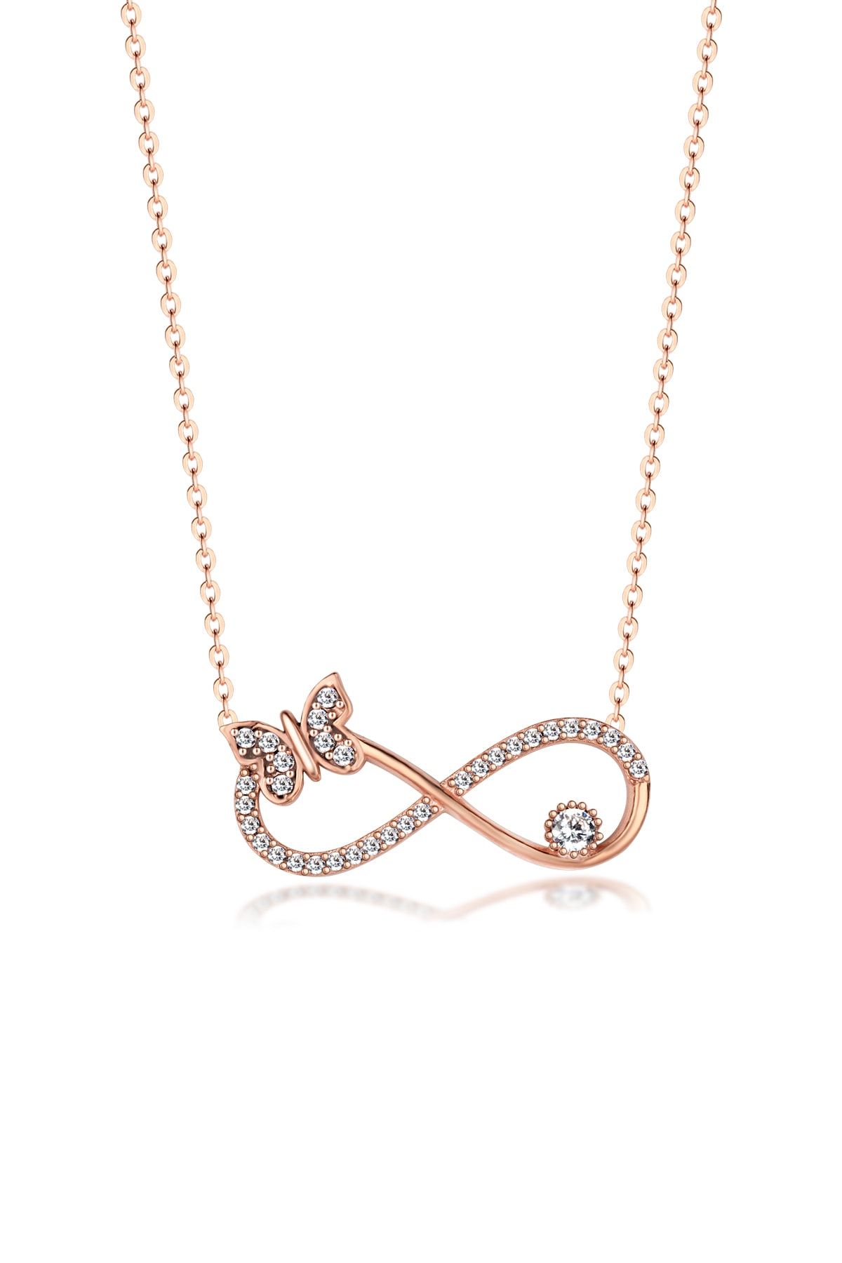 ernsilver 925 Gümüş Tek Taşlı Sonsuzluklu Kelebek Kolye Rose Renk