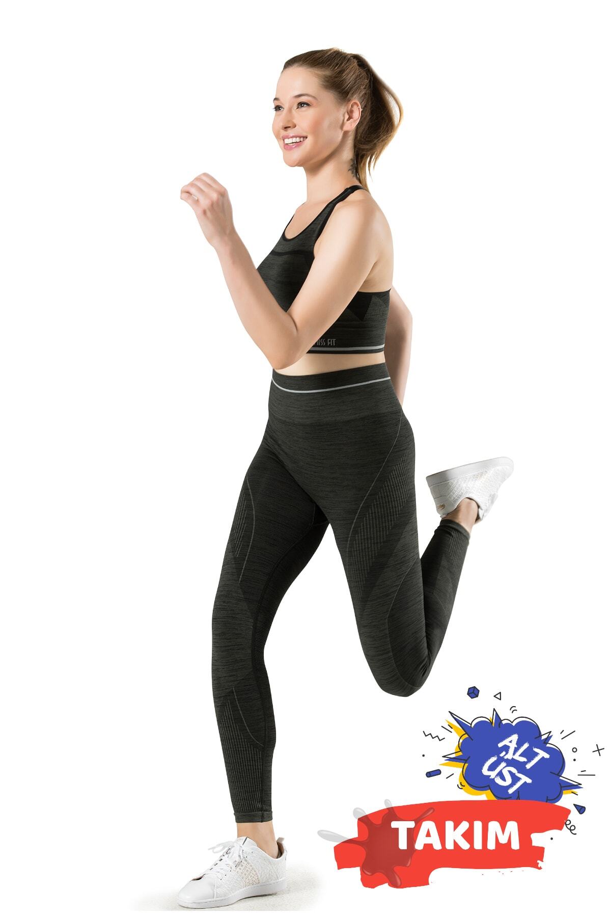Miss Fit Kadın  Ayarlanabilir Çapraz Askılı Büstiyer Ve Yüksek Bel Desenli Örme Spor Tayt