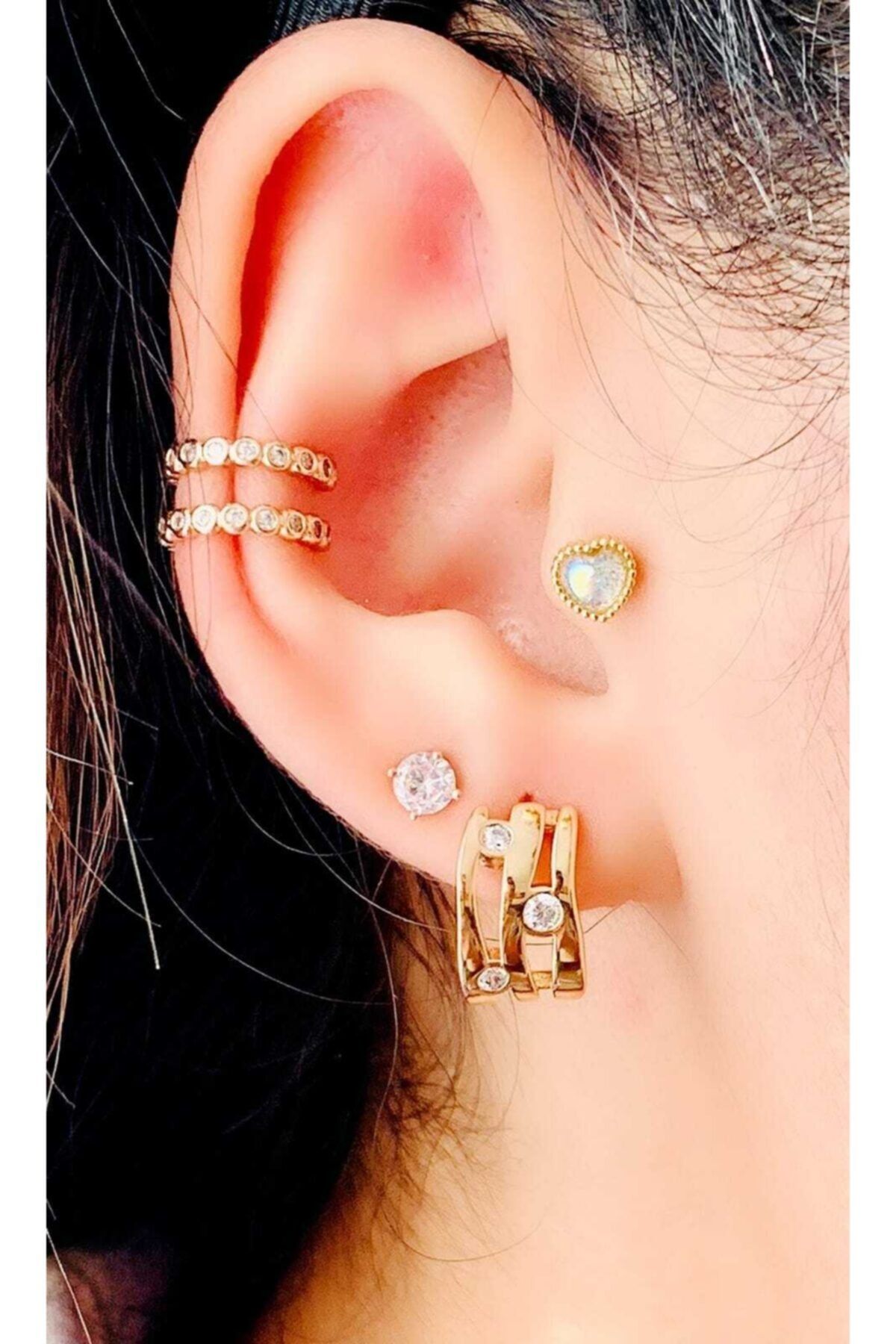Sym Accessories Şym Accessories Çelik Gold Üçlü Taşlı Halka Küpe Tk4311