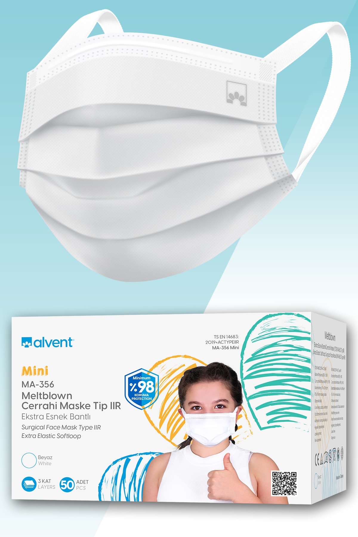 ALVENT Beyaz 10-16 Yaş Çocuk Maskesi Yumuşak Kulak Meltblown Maske-50 Adet(EN AZ %98 KORUMA-SERTİFİKALI)