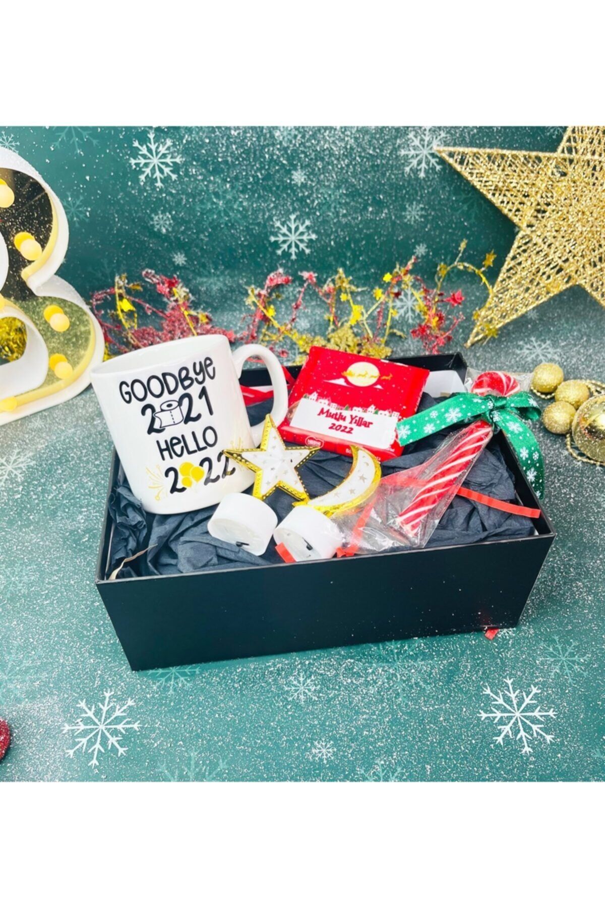 Gift Moda Güle Güle 2021 Merhaba 2022 Yılbaşı Tasarımlı Özel Ay Yıldız Lambalı Yılbaşı Seti