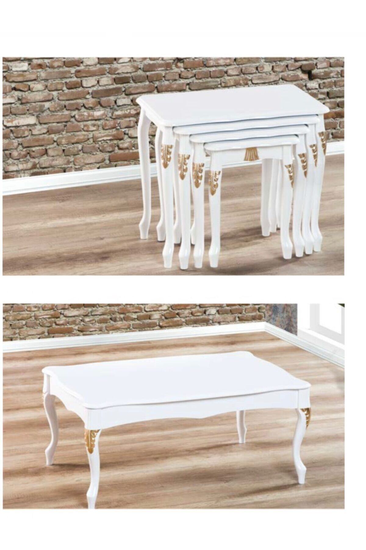 Doruk Home Lake Oymalı Beyaz Lükens Zigon Ve Orta Sehpa Varaklı Set