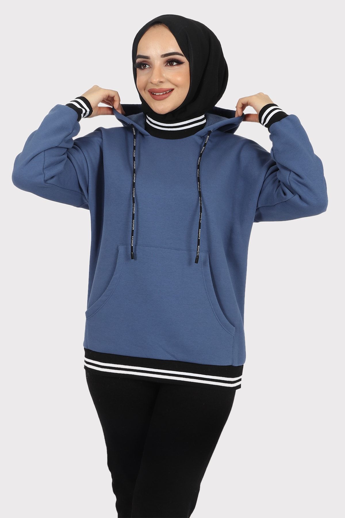 Lalissa Kadın Üç Iplik Şardonlu Kanguru Cepli Ribana Detaylı Tesettür Kapüşonlu Sweatshirt