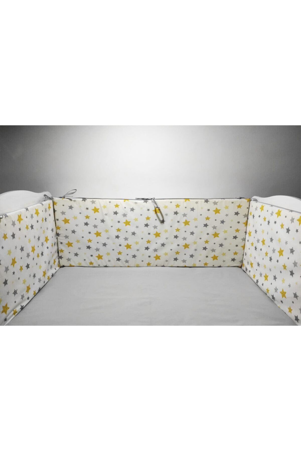 modastra Sarı Ve Beyaz Renk Yıldız Desen 90x190 Beşik Kenar Koruma Ve Nevresim Takımı