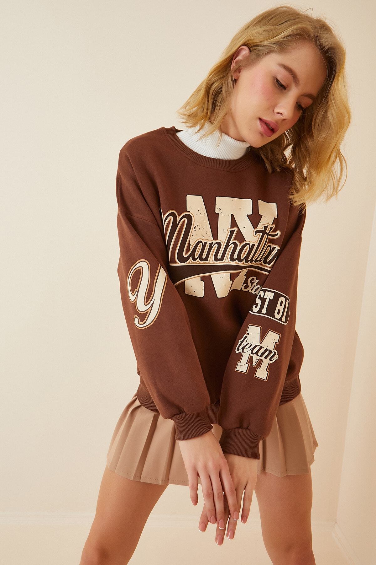 Happiness İst. Kadın Kahverengi Baskılı Şardonlu Hafif Oversize Sweatshirt HF00313