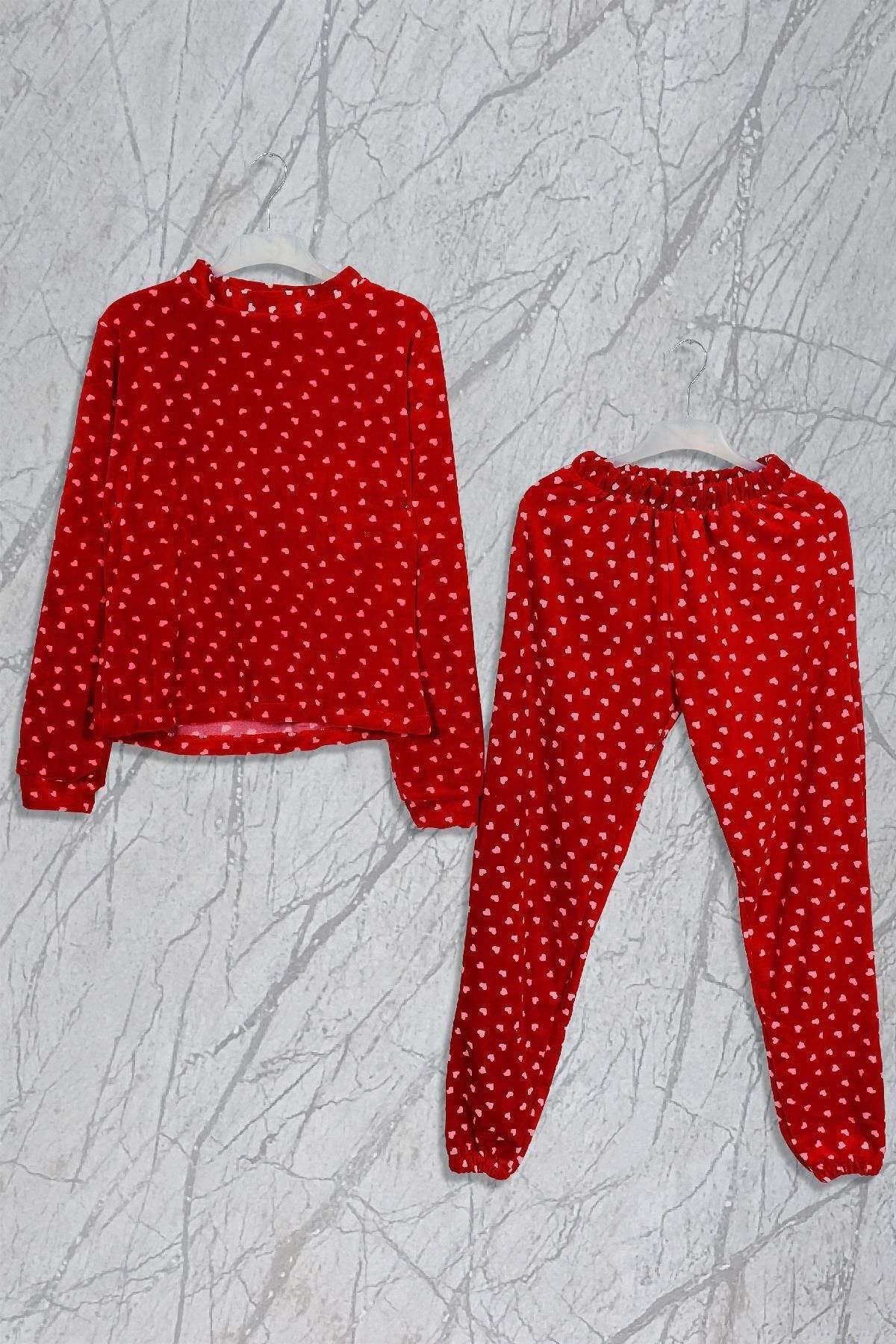 Woop Home Kalp Baskılı Kadife Kırmızı Pijama Takımı