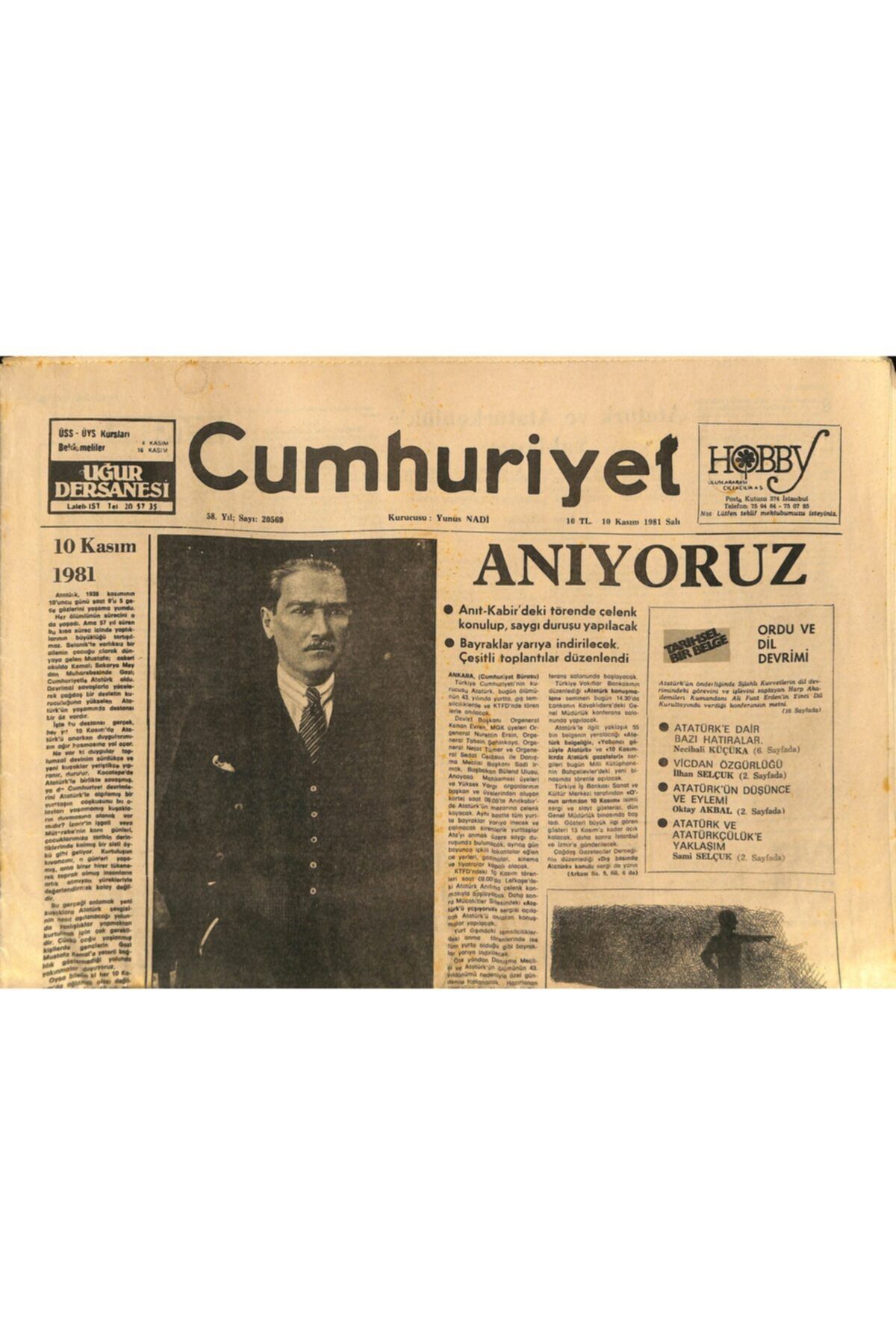 Gökçe Koleksiyon Cumhuriyet Gazetesi 10 Kasım 1981 - Cemal Gürsel'in Kabri Anıtkabir'den Taşınacak