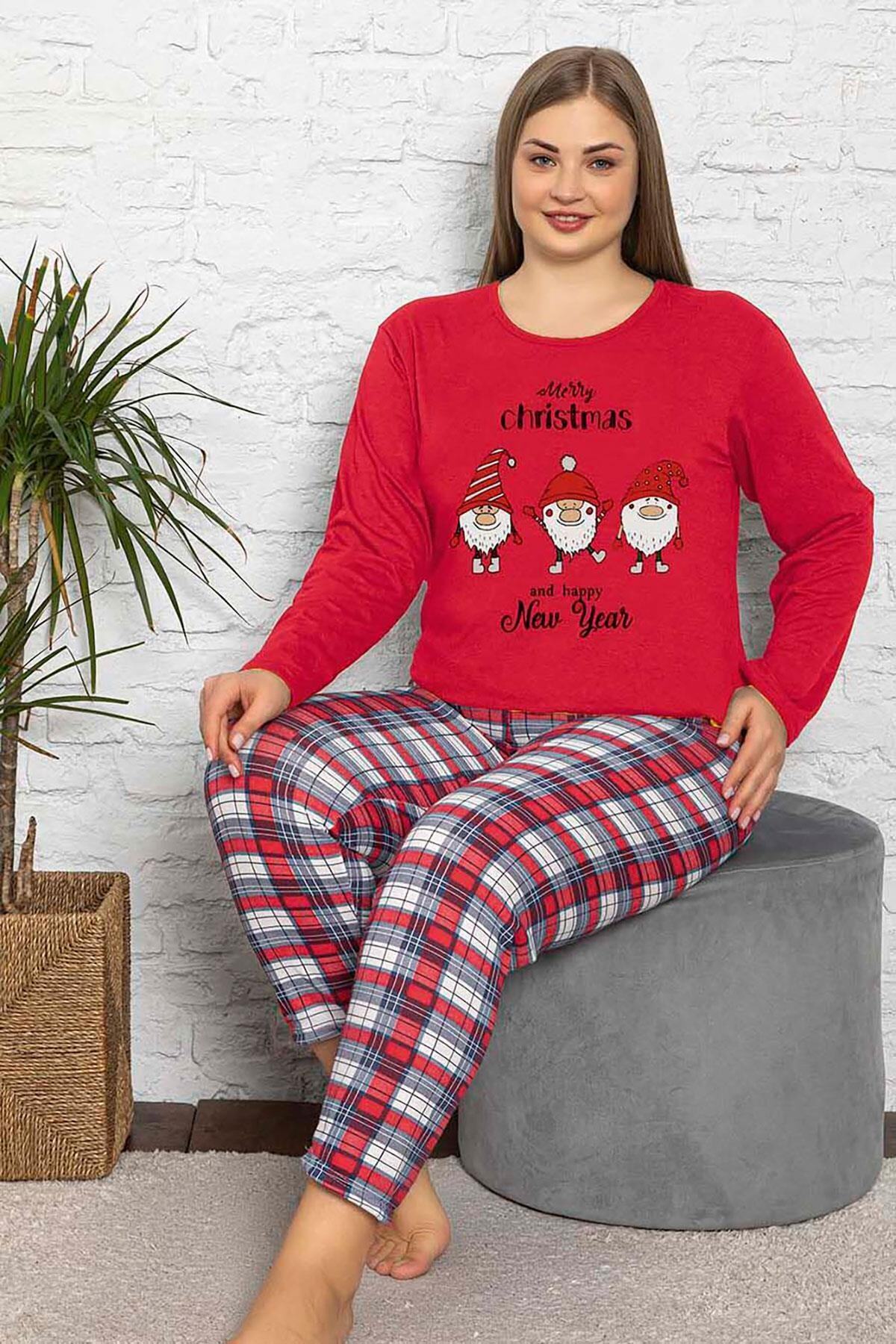 Siyezen Büyük Beden Noel Baskılı Yılbaşı Konsepti Şardonlu Kırmızı Pijama Takımı