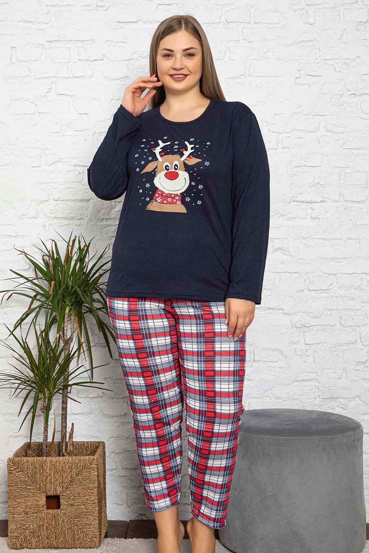 Siyezen Büyük Beden Geyik Baskılı Yılbaşı Konsepti Pamuklu Lacivert Pijama Takımı