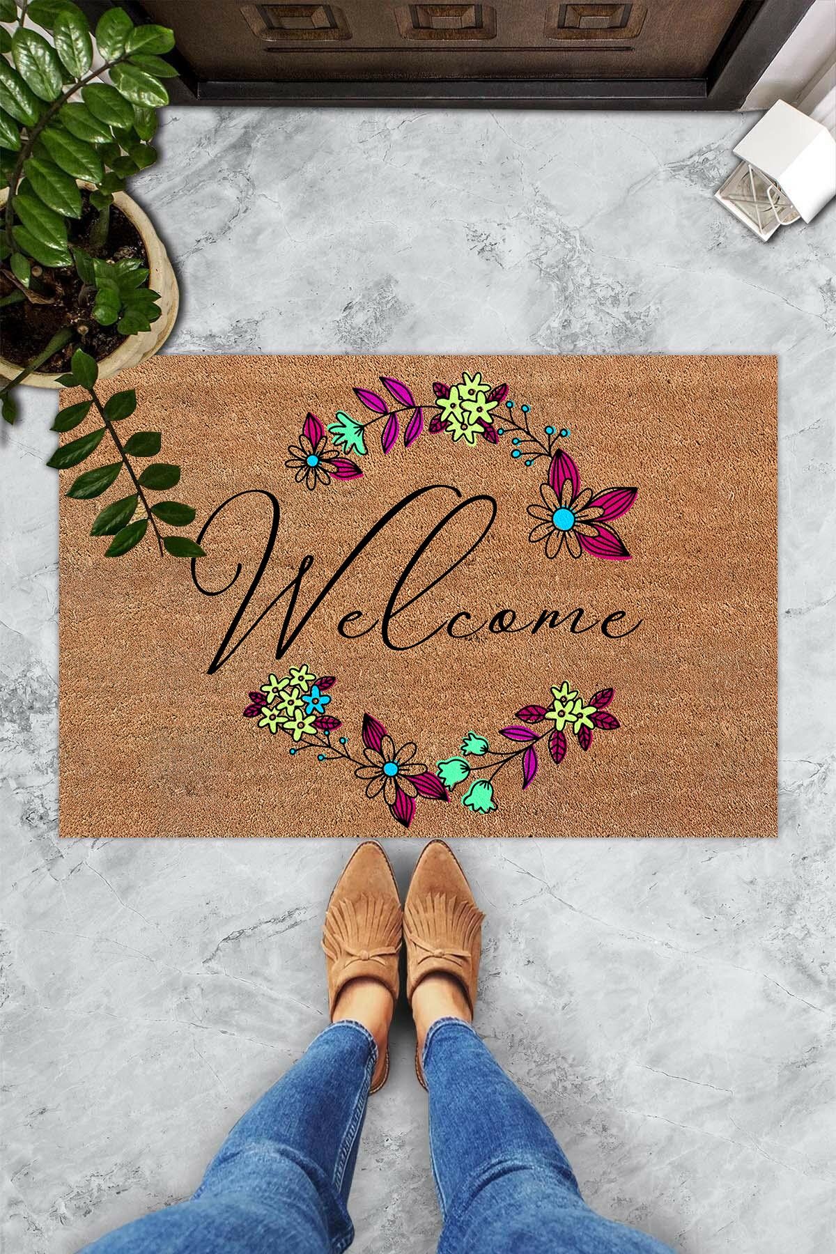 Evsebu Welcome Yeşil Pembe Çiçekler Dekoratif Kapı Önü Paspası
