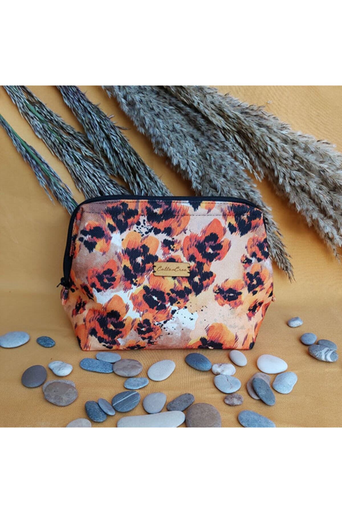 CottonCrea Handmade Leopar Desenli Çiçekli Maktaj Çantası