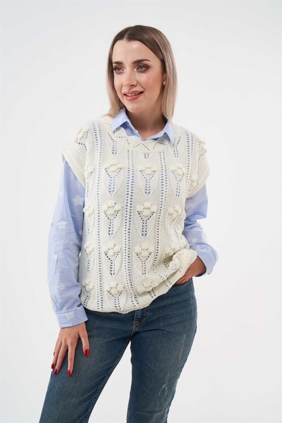 Marramax Kadın Kendinden Desenli Ekru Süveter - Mr10011