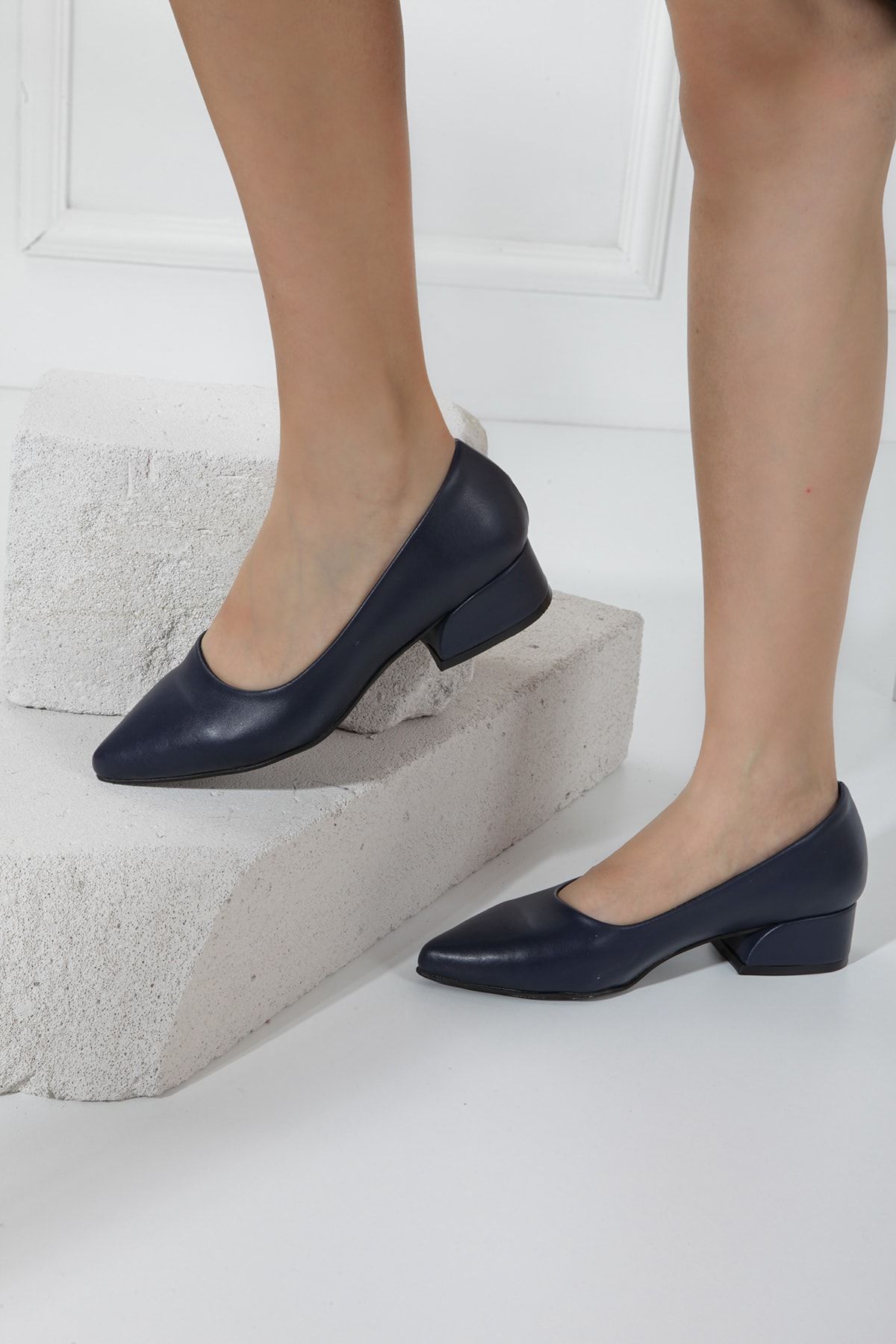 FORS SHOES Lacivert Cilt Topuklu Ayakkabı 3 Cm