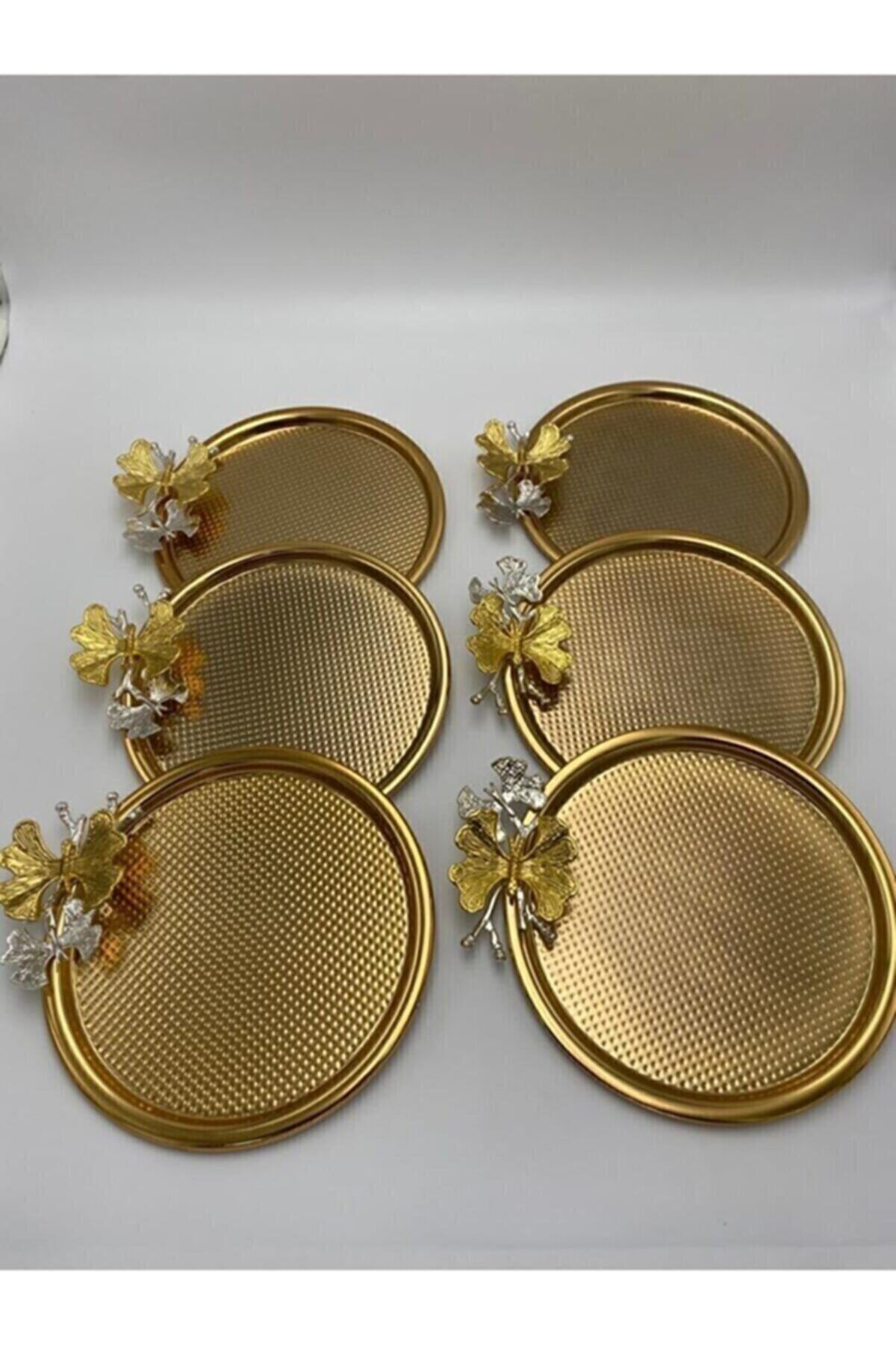 MineliAşk Yuvarlak 6 Lı Gold Sunum Tepsisi 23 Cm Dekoratift Çok Amaçlı Tepsi Lüx