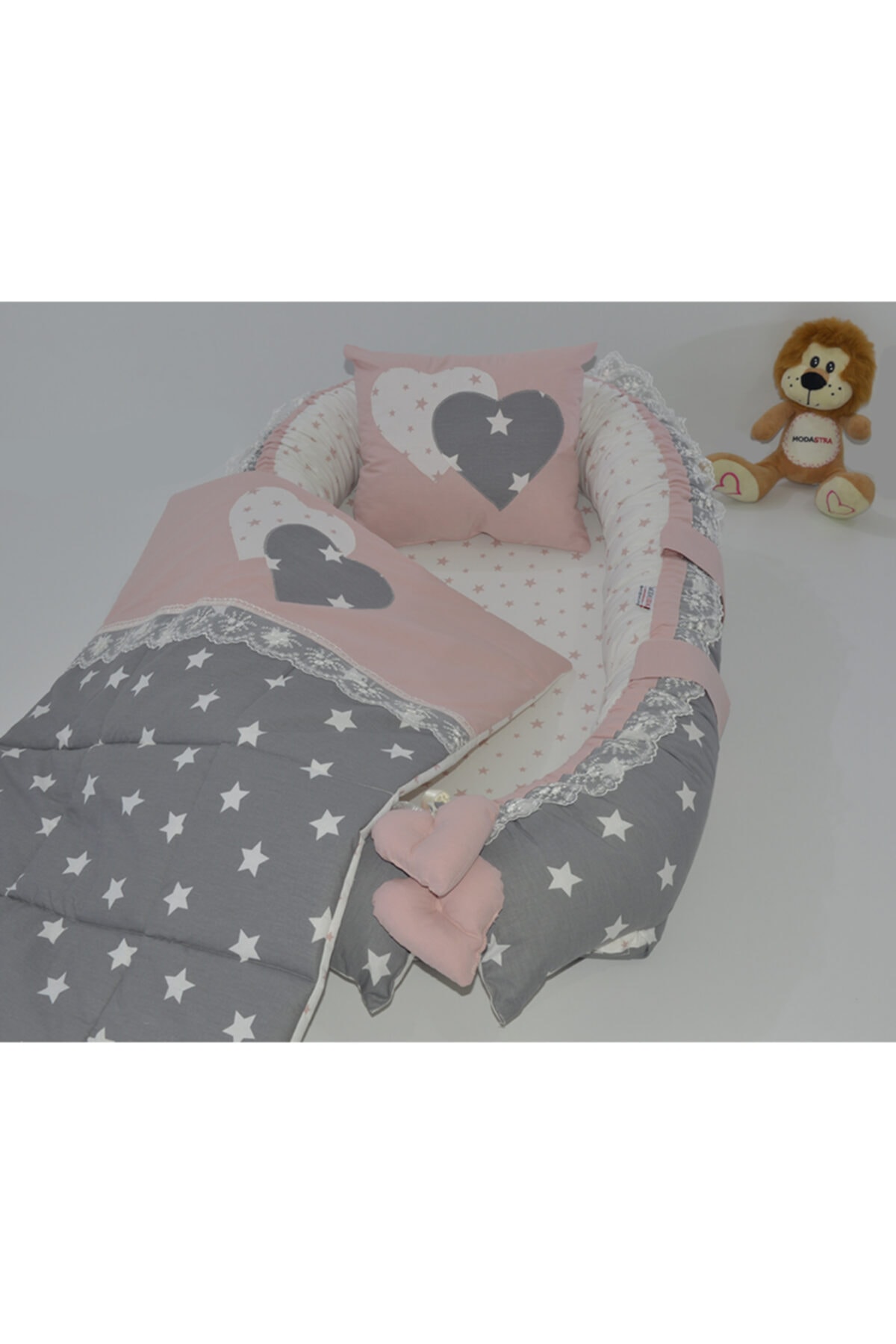 modastra Babynest Gri ve Pudra Tasarım Pikeli Baby Nest Bebek Yuvası