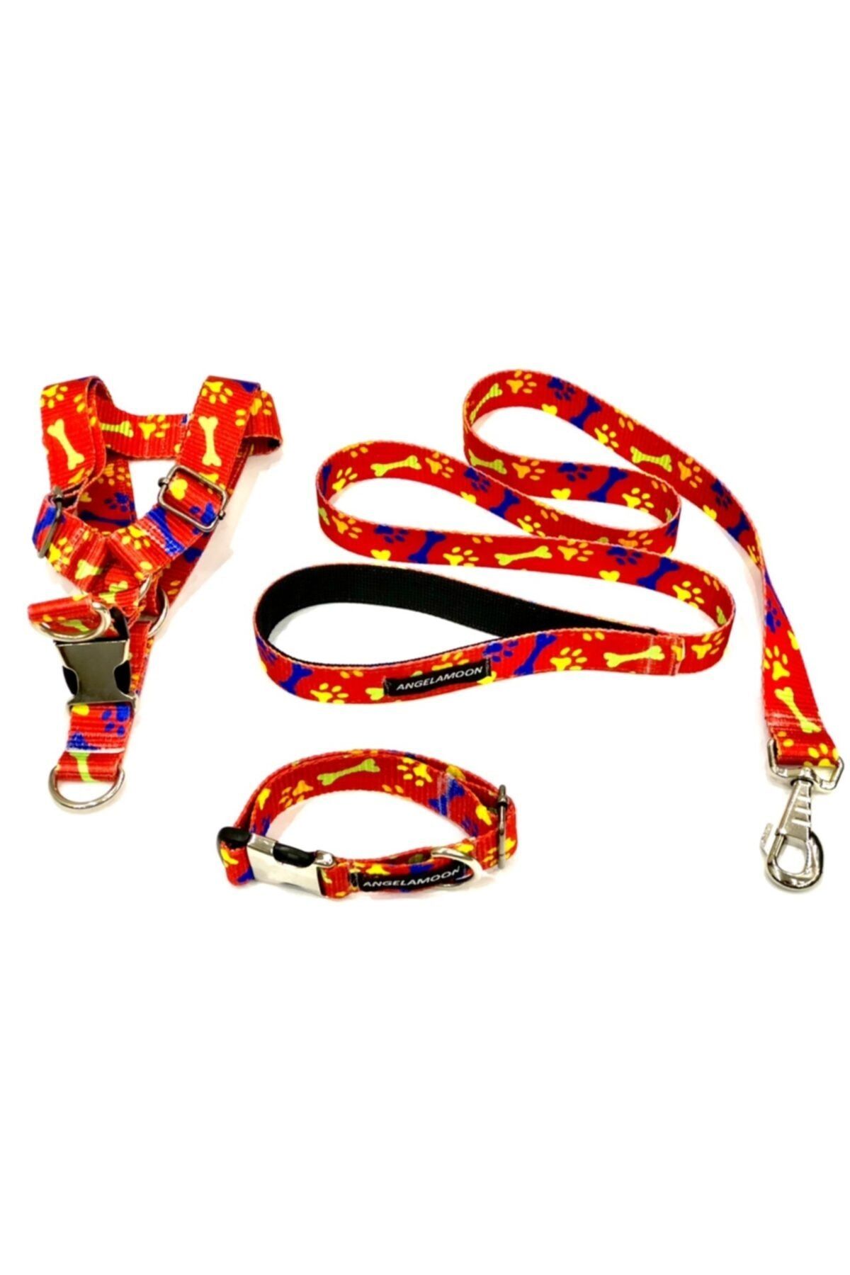 Angelapets Set Komple Kırmızı Kemik Desenli Medıum Beden Köpek Tasma Seti