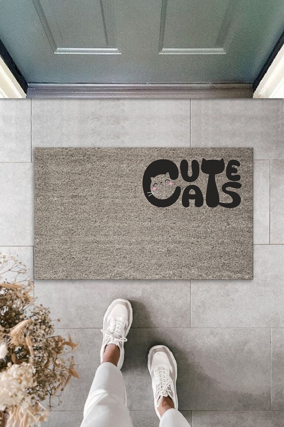 Silkcoat Home Dijital Baskı Kalitesi Gri Kedili Cute Cats Dekoratif Kapı Paspası