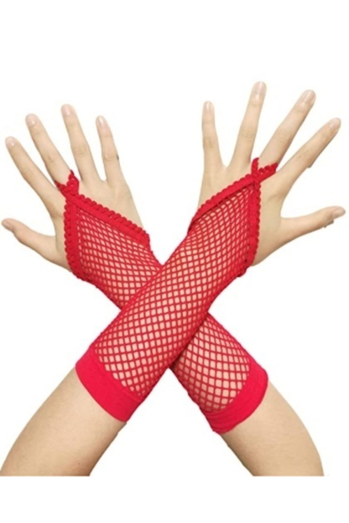 Mbois Kırmızı Renk Parmak Arası File Örgü Eldiven 26 cm