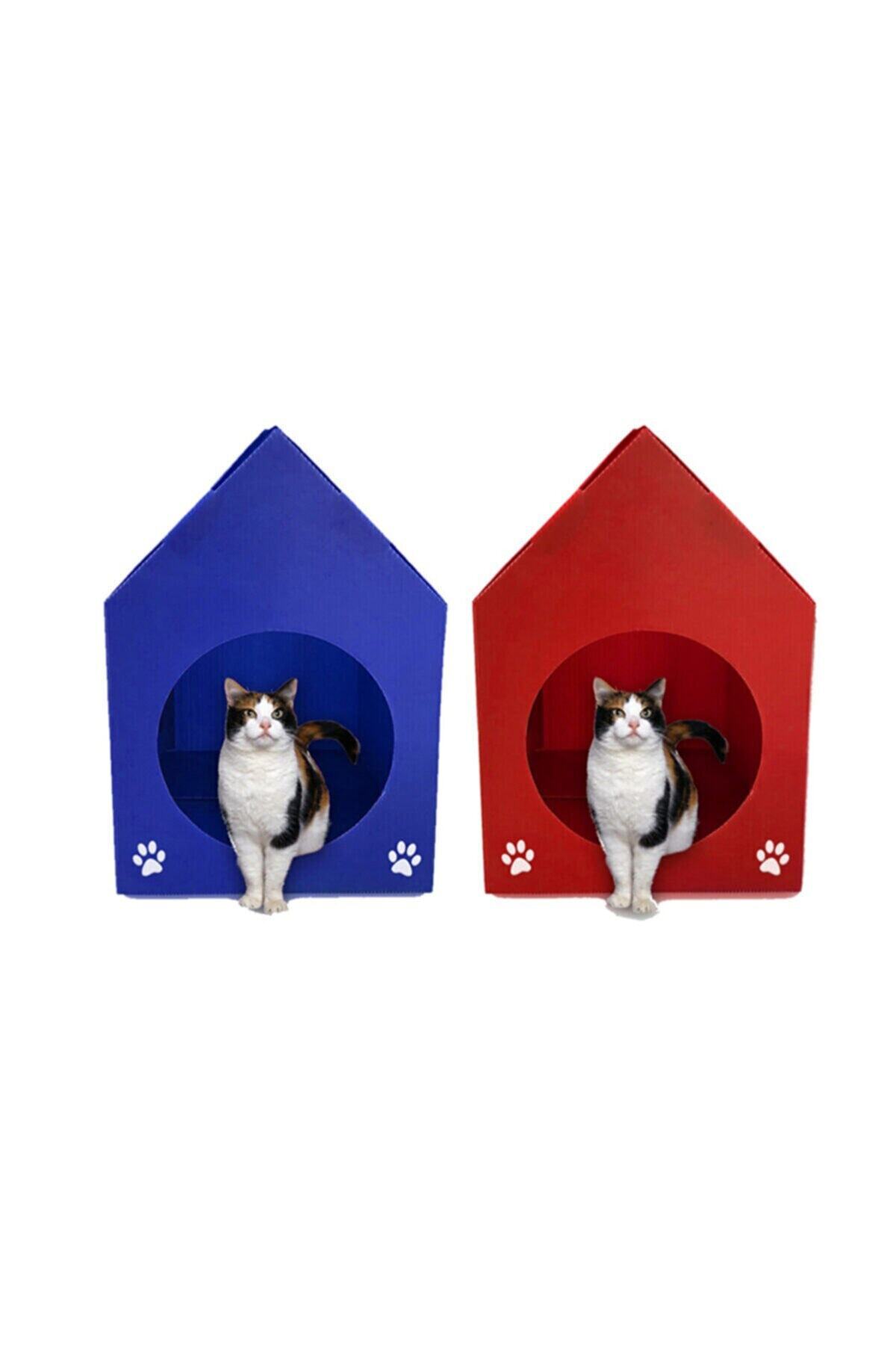 Pati Mama 2 Adet - Kırmızı Mavi Patili Kedi Evleri - Kedi Yuvası - Kedi Kulübesi - Kedi Yatağı