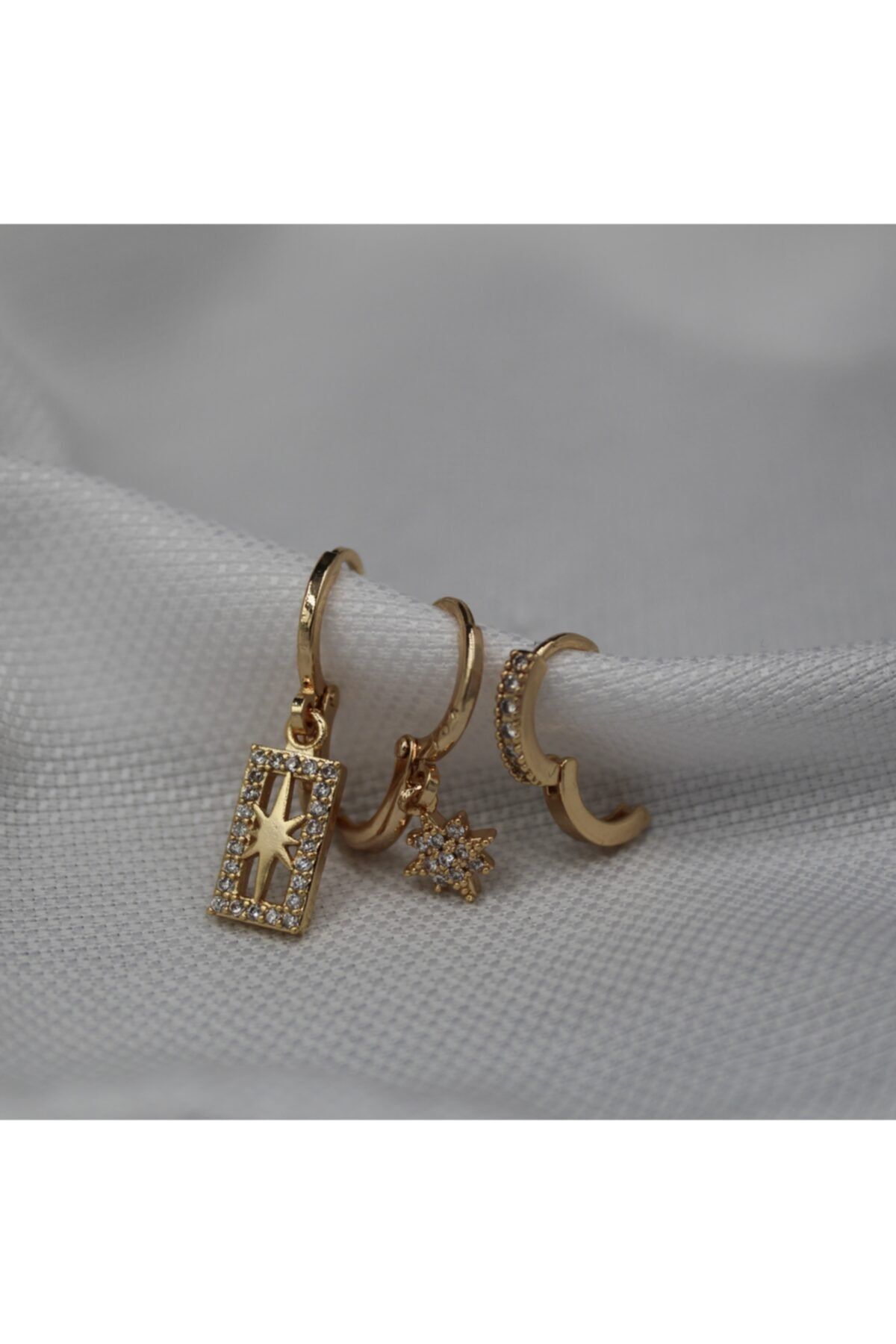Flordun Atelier Zirkon Kuzey Yıldızı Üçlü Gold Set Küpe