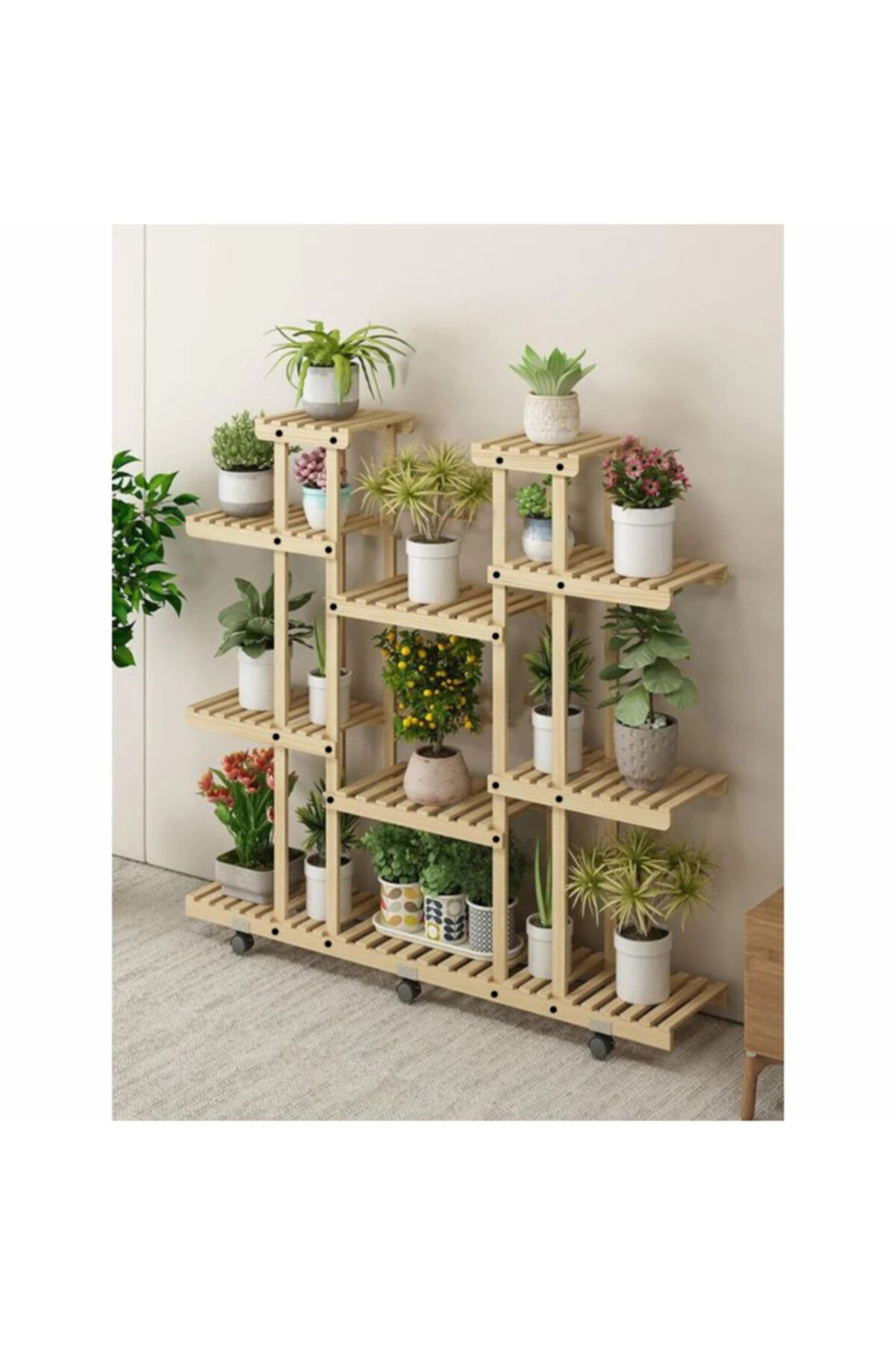 ALANDEKOR Tekerlekli Natural Doğal Ahşap Dekoratif Çiçeklik Saksılık Balkon Bahçe Standı