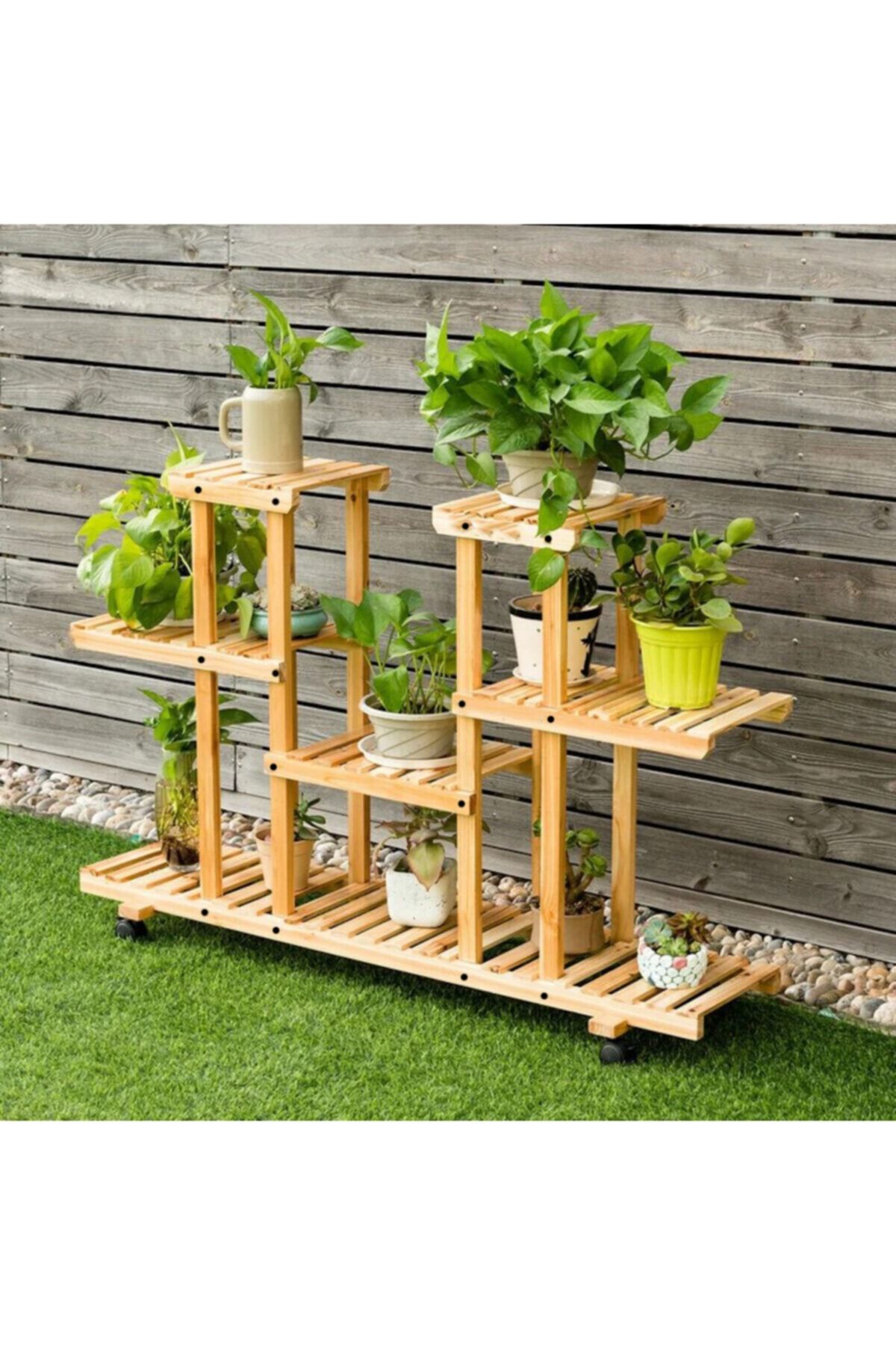 ALANDEKOR Natural Tekerlekli Doğal Ahşap Dekoratif Çiçeklik Saksılık Balkon Tekerli Bahçe Standı