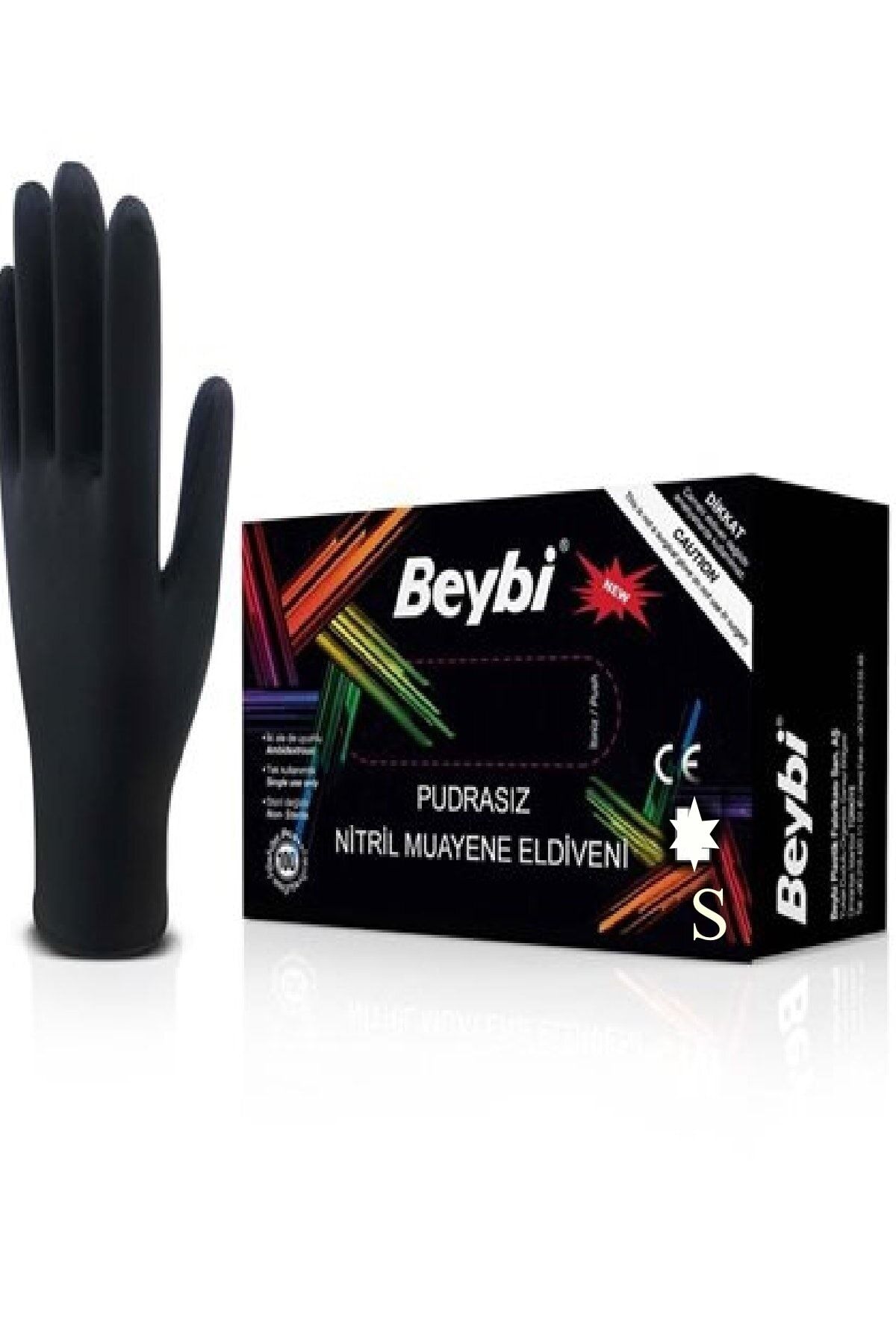 Beybi Marka Pudrasız Siyah Nitril Muayene Eldiveni Small (100LÜ PAKET) S Beden