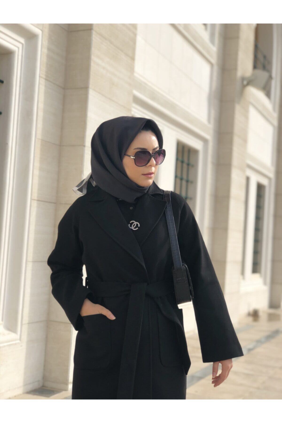 Prilika Kadın Siyah Kuşaklı Astarlı Cepli Uzun Oversize Kaşe Kaban