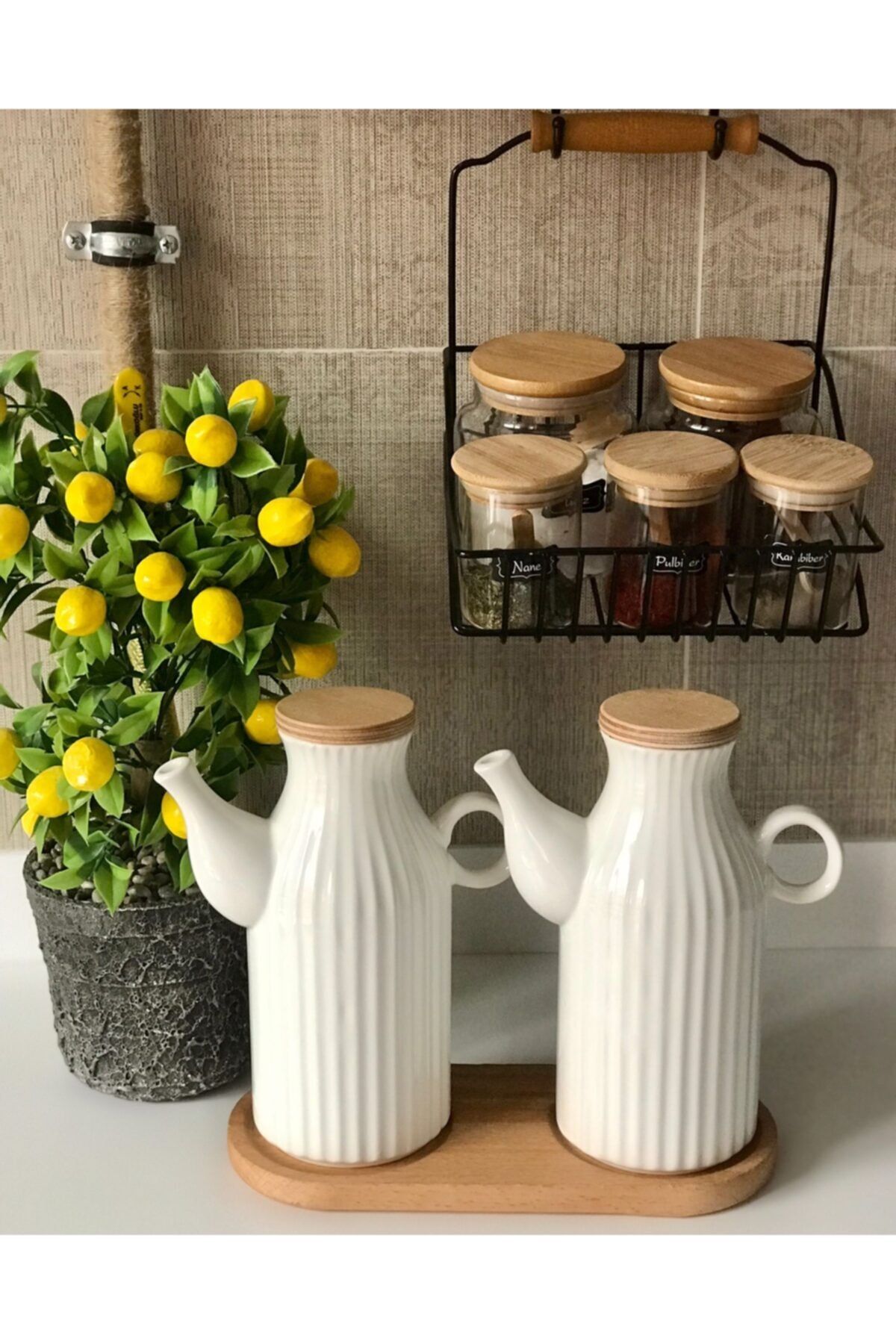 Kitchen Pembelia 2 Adet 1 Lt Porselen Yağdanlık Ve Bambu Altlık Seti-yağlık Sirkelik