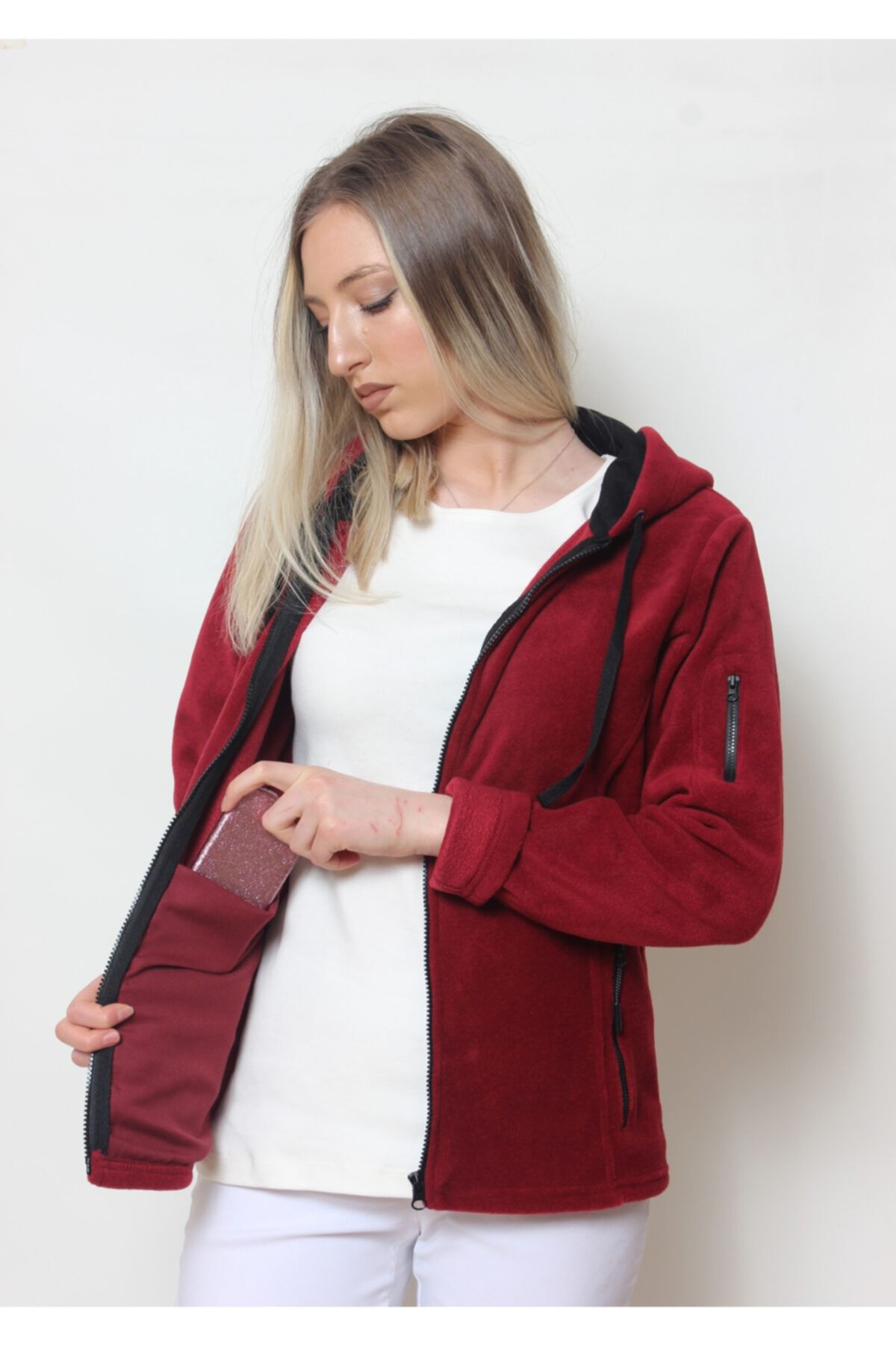 Cottoncool Kadın Bordo Kapüşonlu Polar Hırka