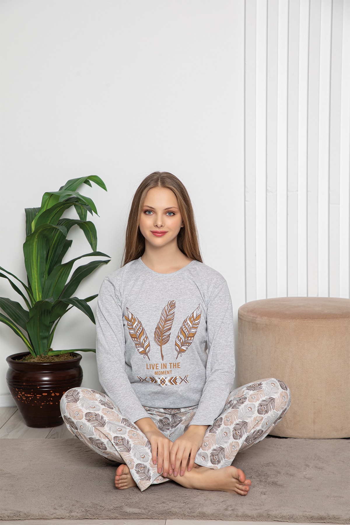 MODAREYA Uzun Kollu Penye Tüy Desenli kadın Pijama Takımı