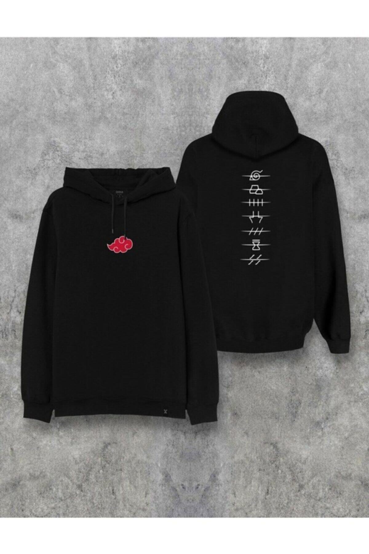 Deocept Unisex Siyah Naruto Akatsuki Sembol Nakışlı Kapşonlu Tasarım Sweatshirt
