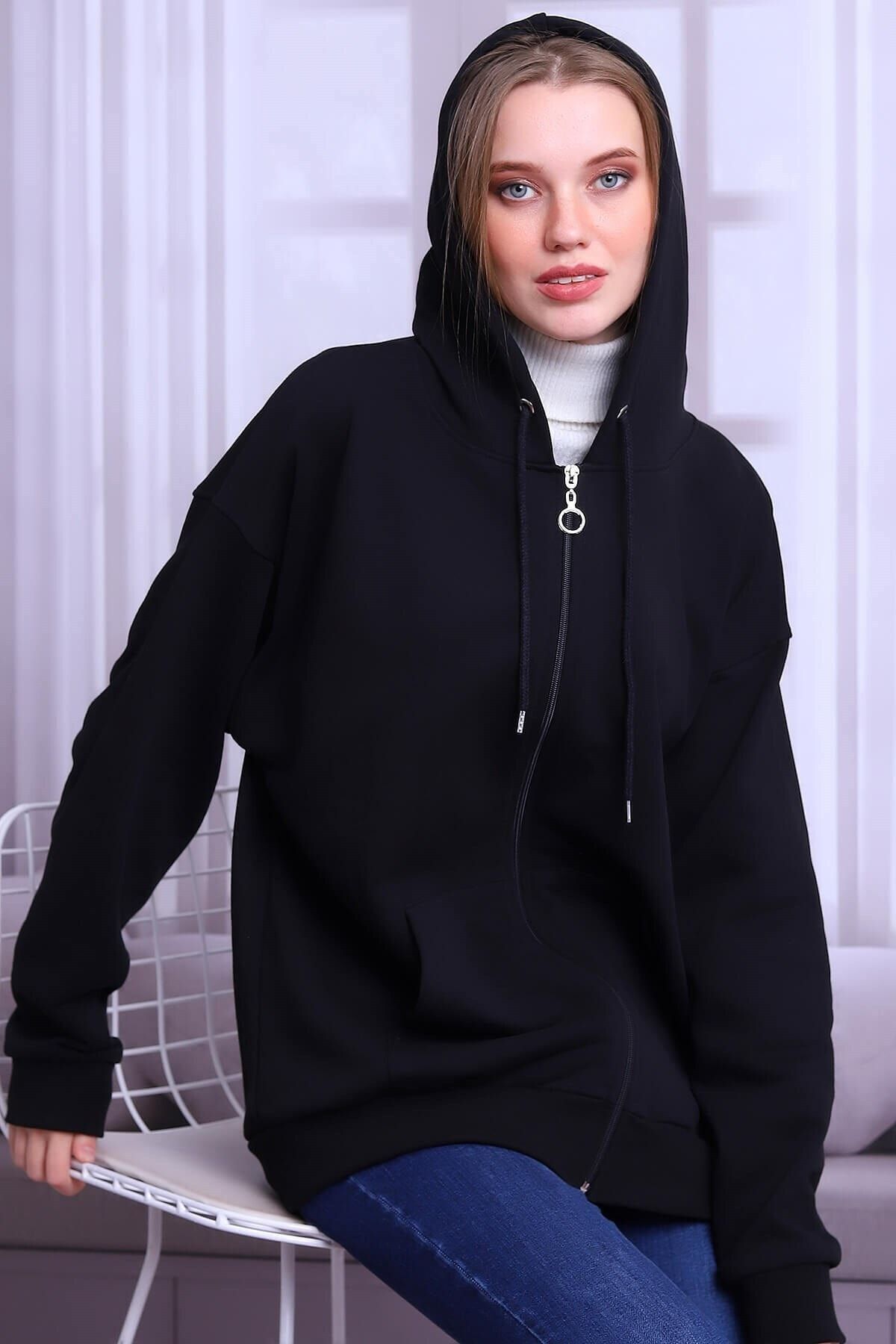 Deafox Siyah Oversize Fermuarlı Hırka
