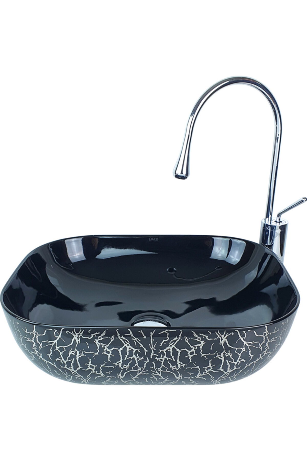 Pure Concept Marble Parlak Siyah Gümüş Tezgah Üstü Çanak Lavabo