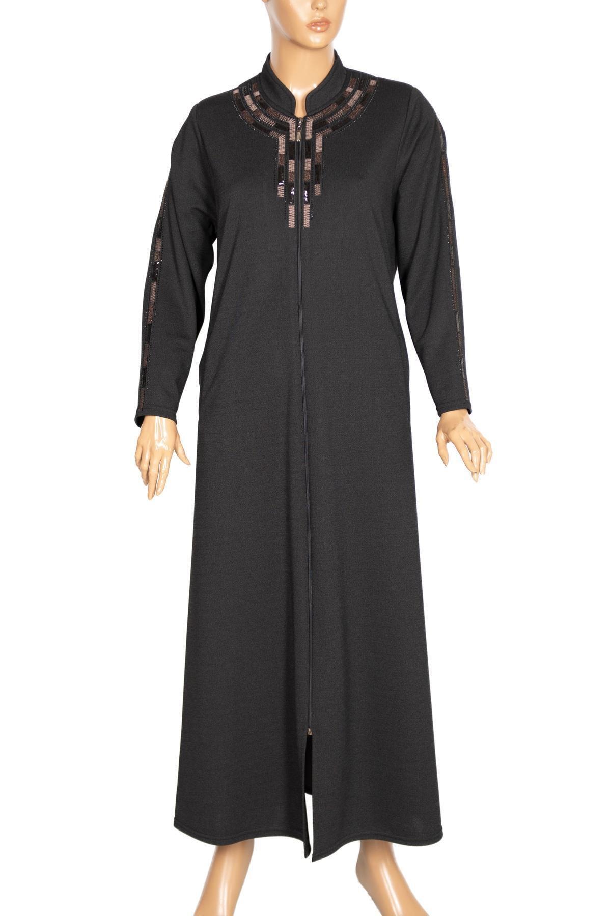 HESNA Kadın Suna Mevsimlik Nakışlı Siyah Pardesü