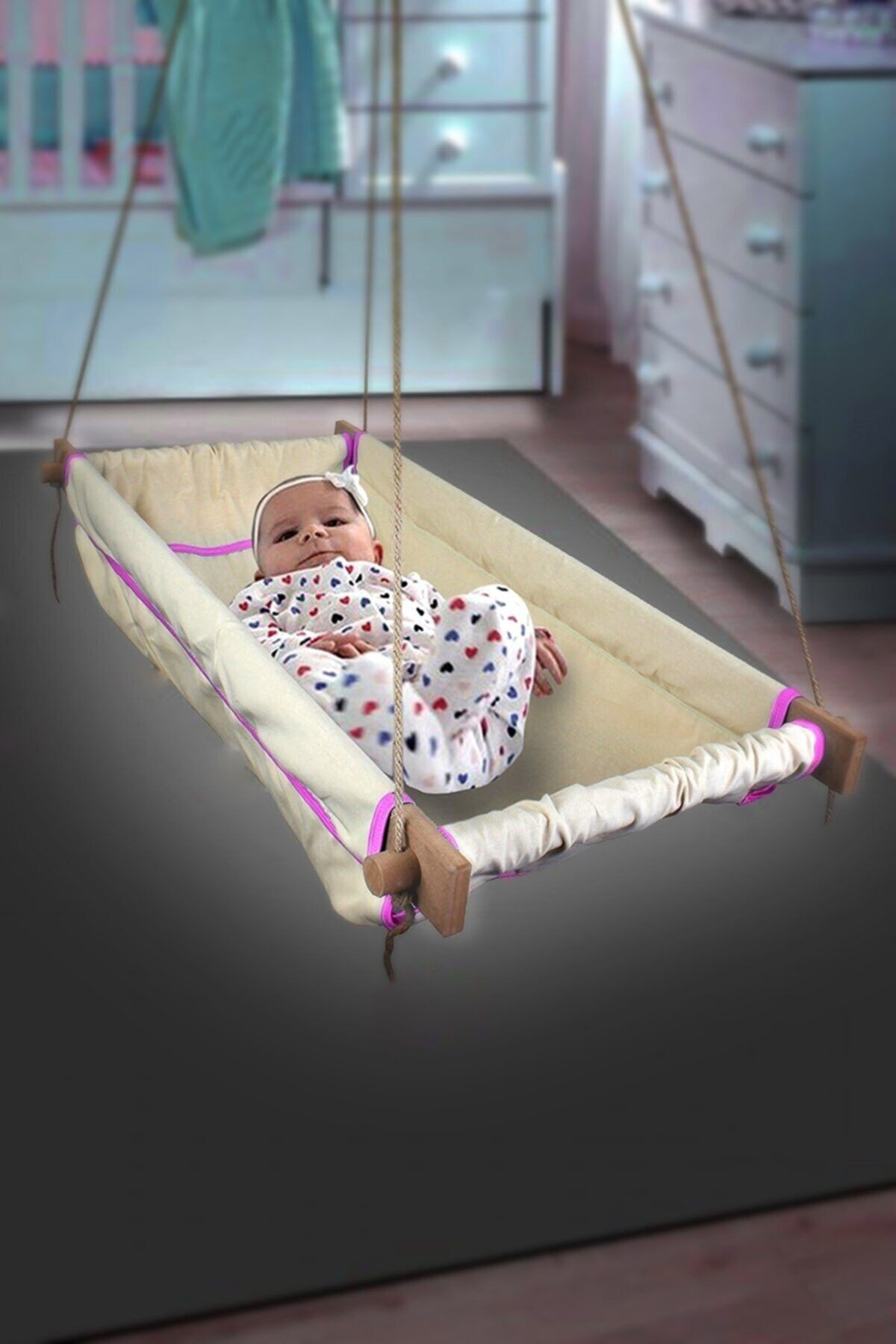 Bundera Wise Ahşap Pembe Yaylı Bebek Hamak Beşik Tavana Asılan Hoppala Çocuk Salıncak