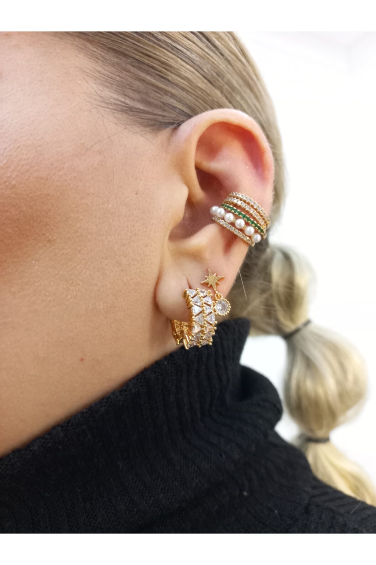 Dr. Gift Incili Yeşil Beyaz Kıkırdak Küpe- Delik Gerekmez Earcuff