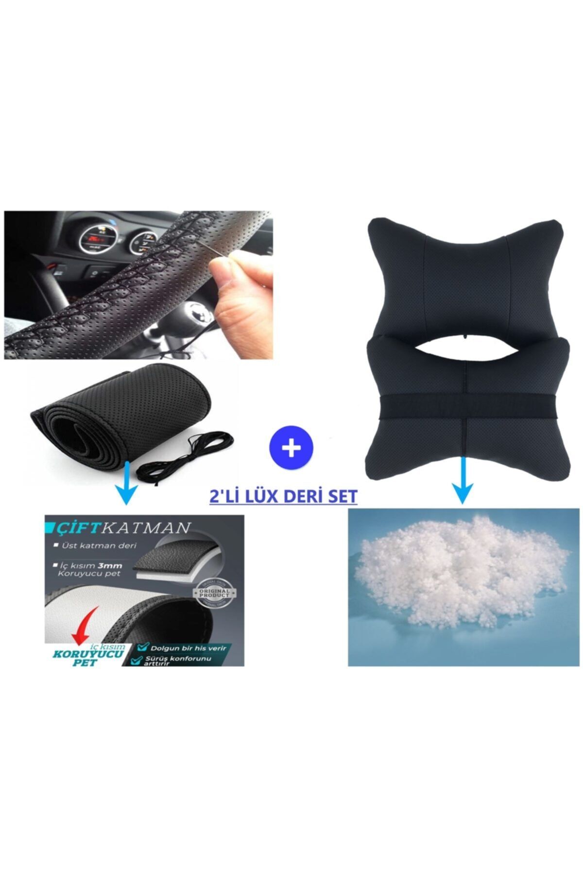 AYAZGURUP Bmw 7 Serisi Dikmeli Direksiyon Kılıfı + 2'li Lüx Oto Boyun Yastığı