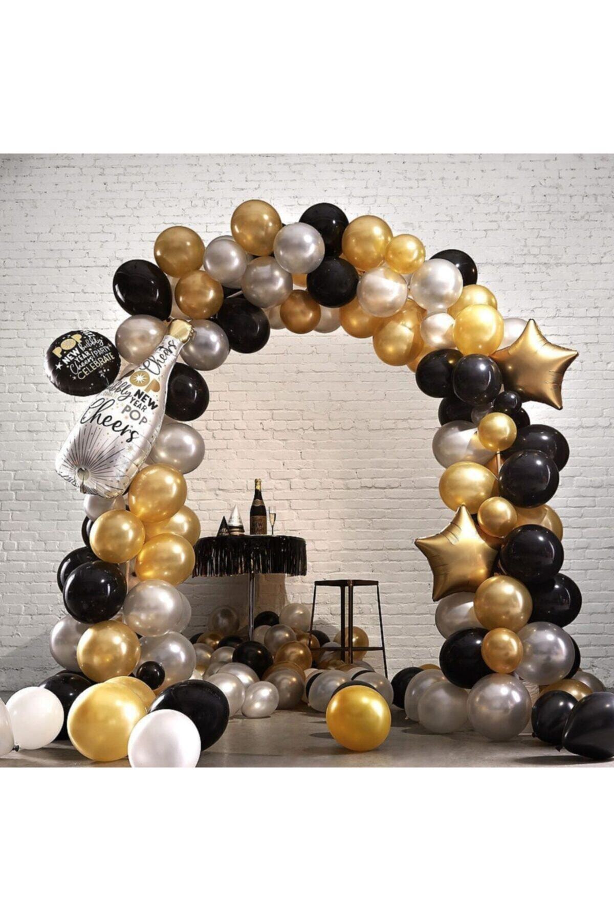 REST Parti 80 Adet Metalik Balon Ve Balon Zinciri (gold , Siyah) Konsept Parti Seti