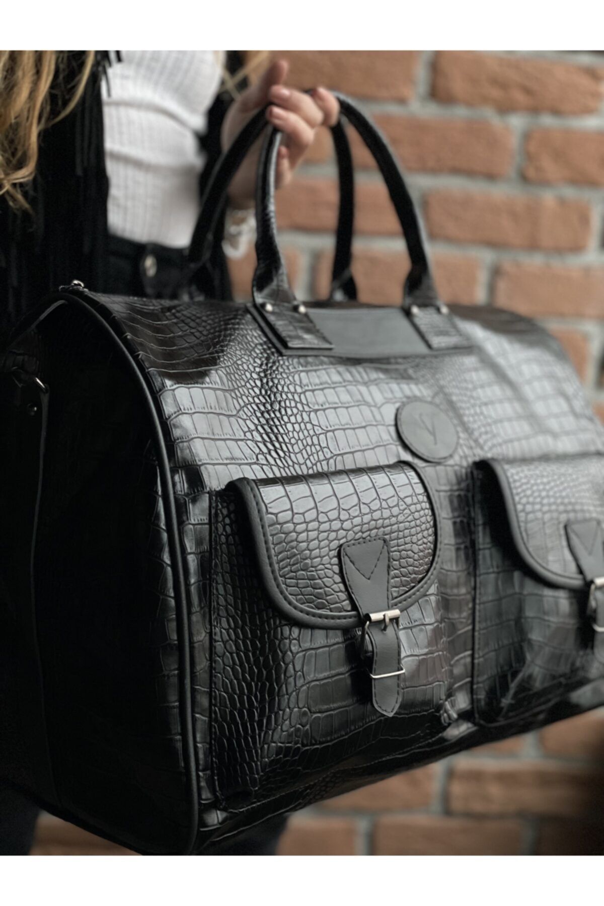 Vendetta Çanta Unisex Siyah Kroko El Valizi Seyahat Çantası Amelia