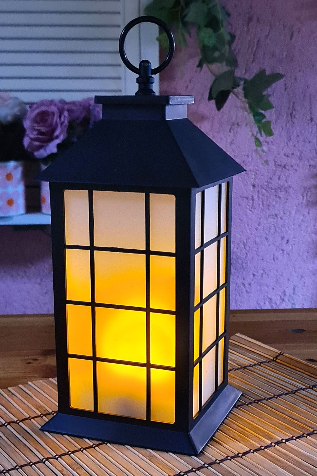 Binbirreyon Dekoratif Pilli Led Fener Büyük Lamba Askılı 32,5 cm Mum Işığı Efektli Ma020