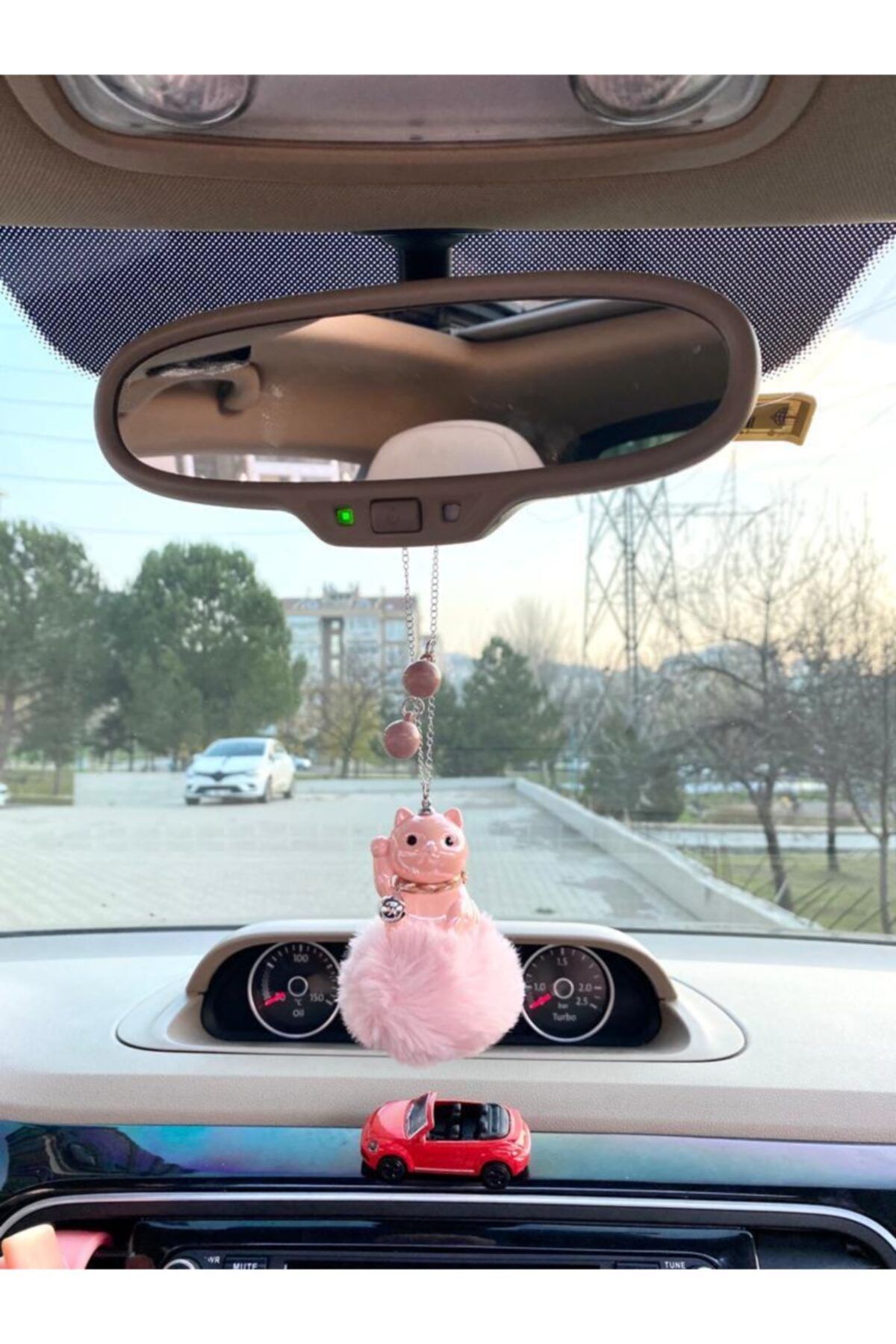 S&E TASARIM Otomobil Dikiz Süsü Dikiz Aynası Süsü Pembe Peluş Ponpon Pembe Kedi Balonlu,oto Kolye
