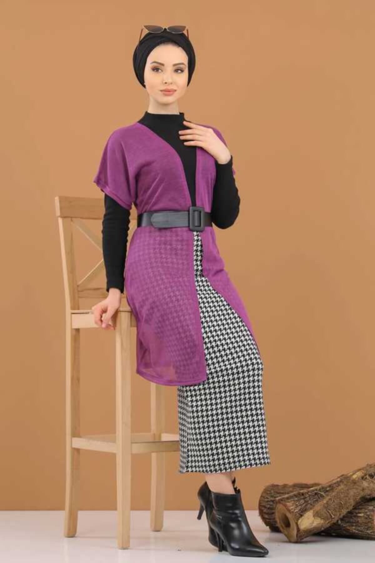 alfaze Tesettür Yelek Etek Kombin Mürdüm